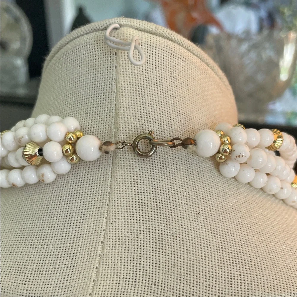 White Beaded Multi-Strand Necklace with Gold Accents